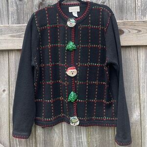 Festive Black Cardigan with Holiday Accents - Size L